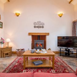 Living room with log burner, rug and stone flooring