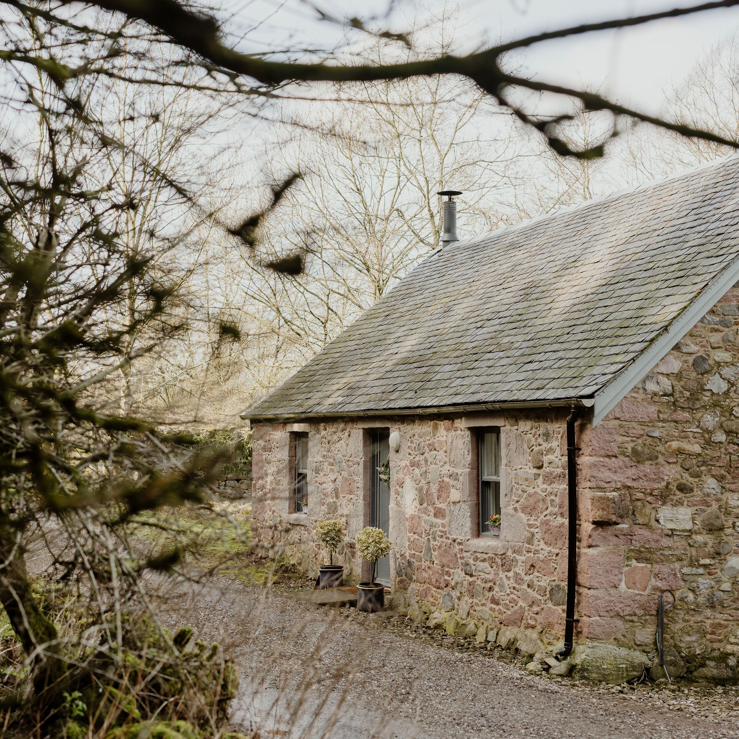 Stone cottage with slate roof beside a winding lane, framed by bare tree branches