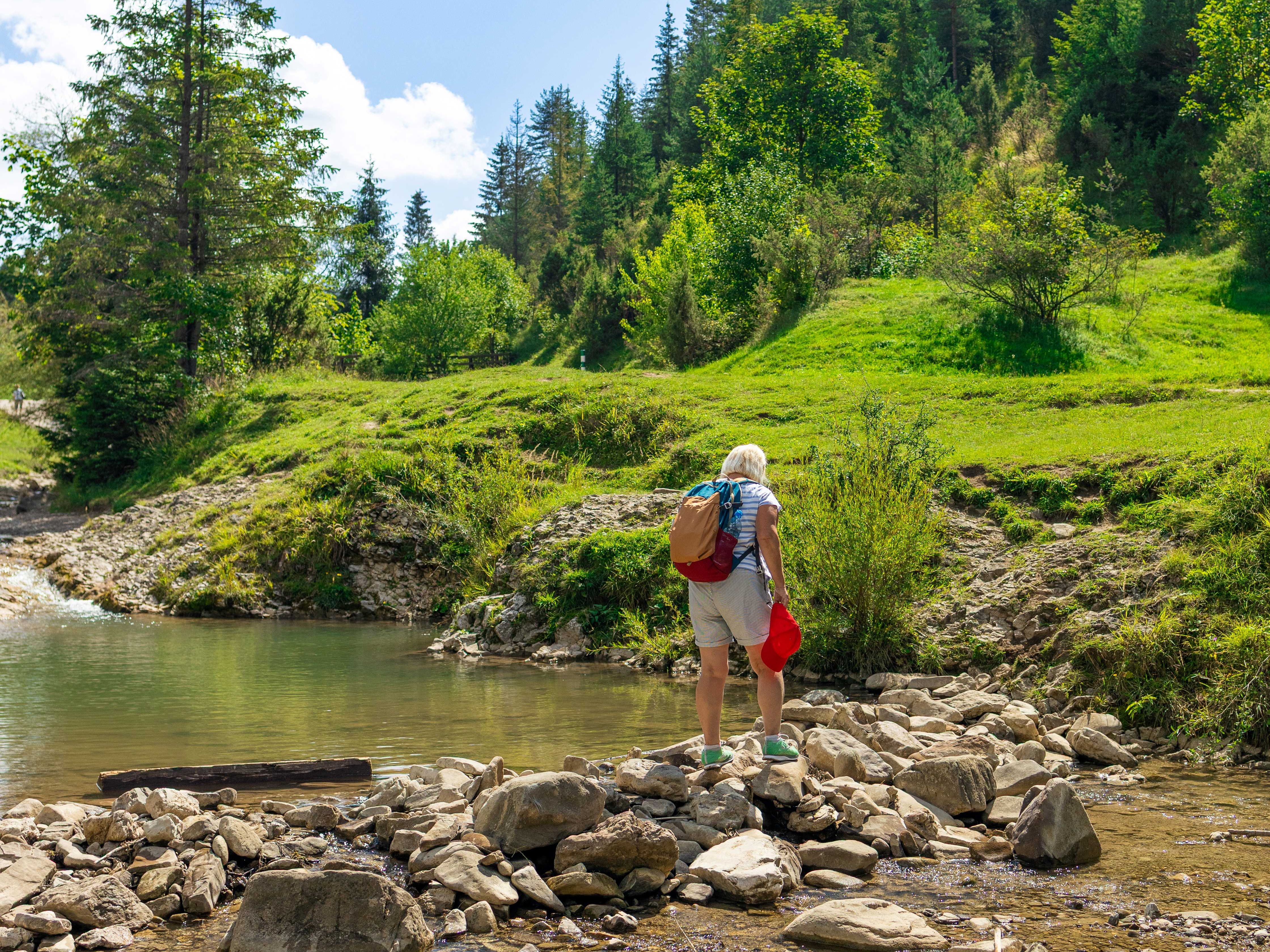 Hiker standing on rocks by a shallow river in a green mountain valley under a blue sky