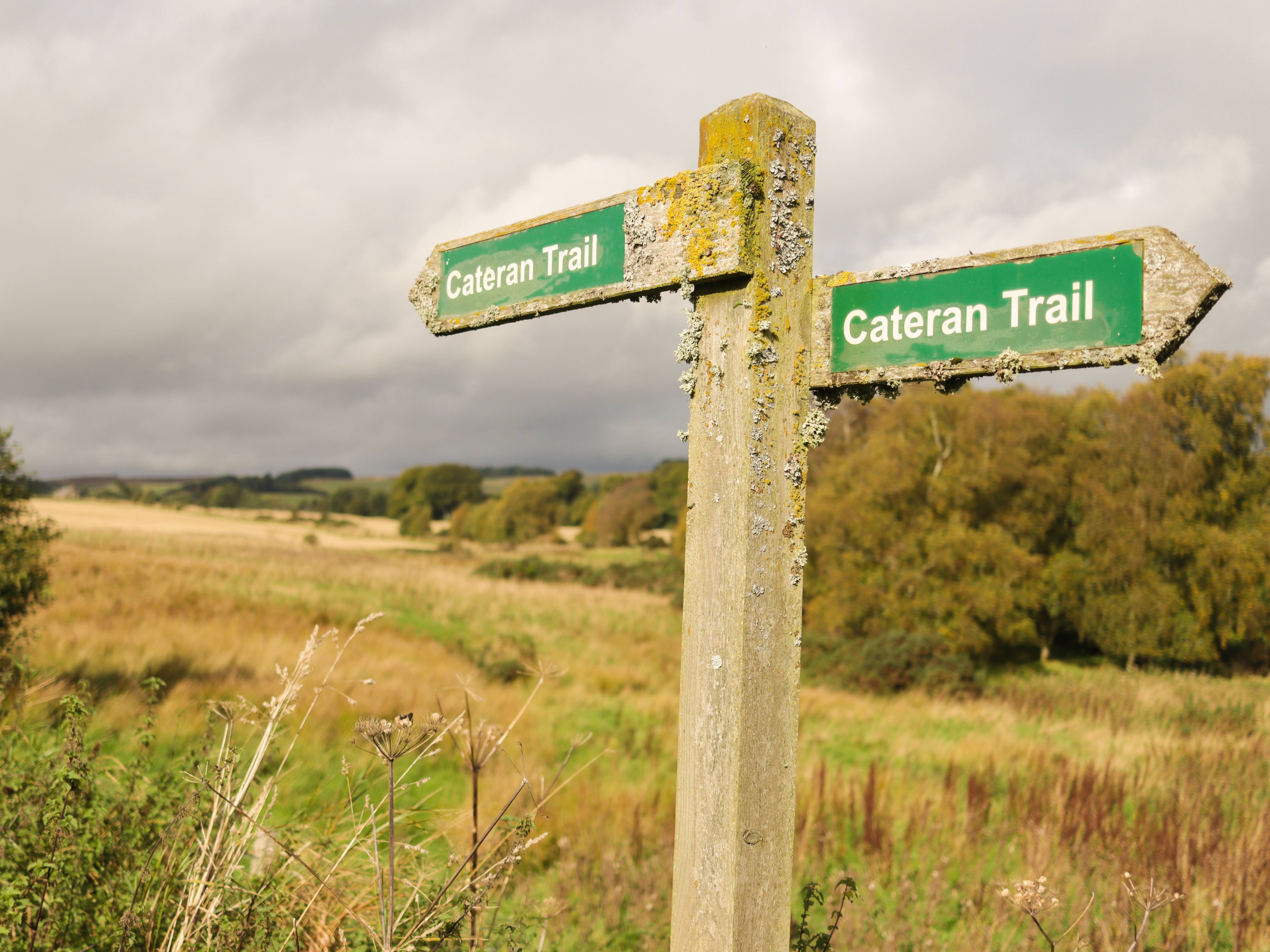 Weathered wooden signpost with green arrows pointing to the Cateran Trail in a rural landscape