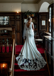Bride in elegant white lace wedding dress standing on a red carpeted staircase in a classic wood-paneled library