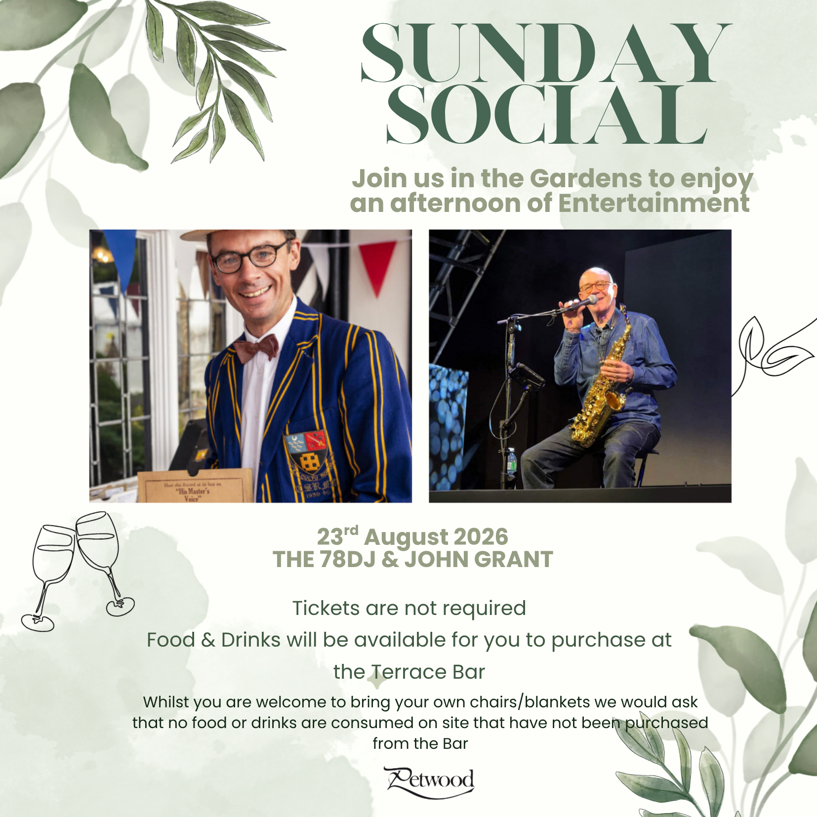 Poster for Sunday Social garden entertainment on 23rd August 2026 featuring The 78DJ and John Grant