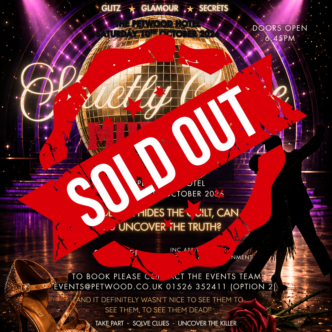 Strictly murder mystery event poster with a gold disco ball, purple lights and a large red “SOLD OUT” stamp.