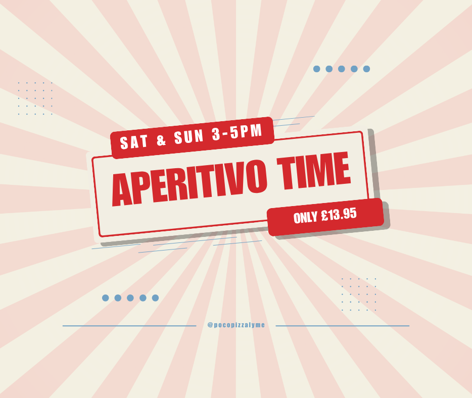 Aperitivo Time special offer graphic with bold red text and details about timing and price.