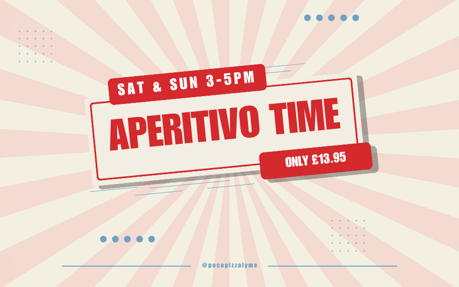 Aperitivo Time special offer graphic with bold red text and details about timing and price.