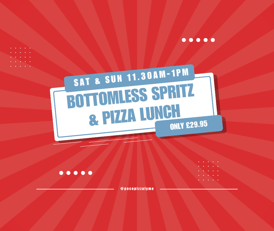 Promotional image advertising a Bottomless Spritz & Pizza Lunch for £29.95, available Saturdays and Sundays 11:30 AM to 1 PM.