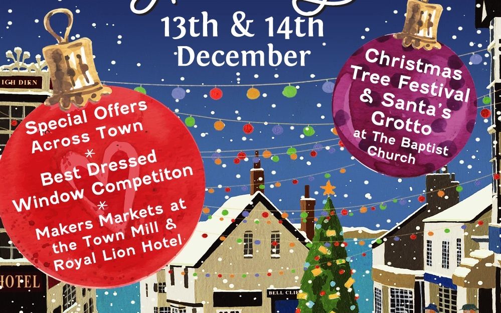 Poster for The Big Christmas Weekend in Lyme Regis, showing festive buildings, Christmas tree, and event details for December 13th and 14th.