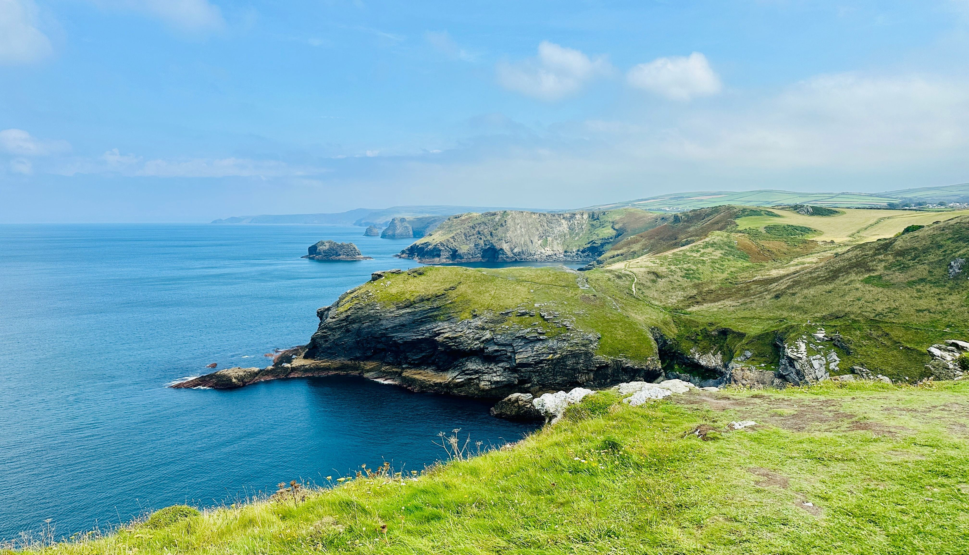 Coastal cliffs covered in green grass overlooking the blue ocean under a bright sky