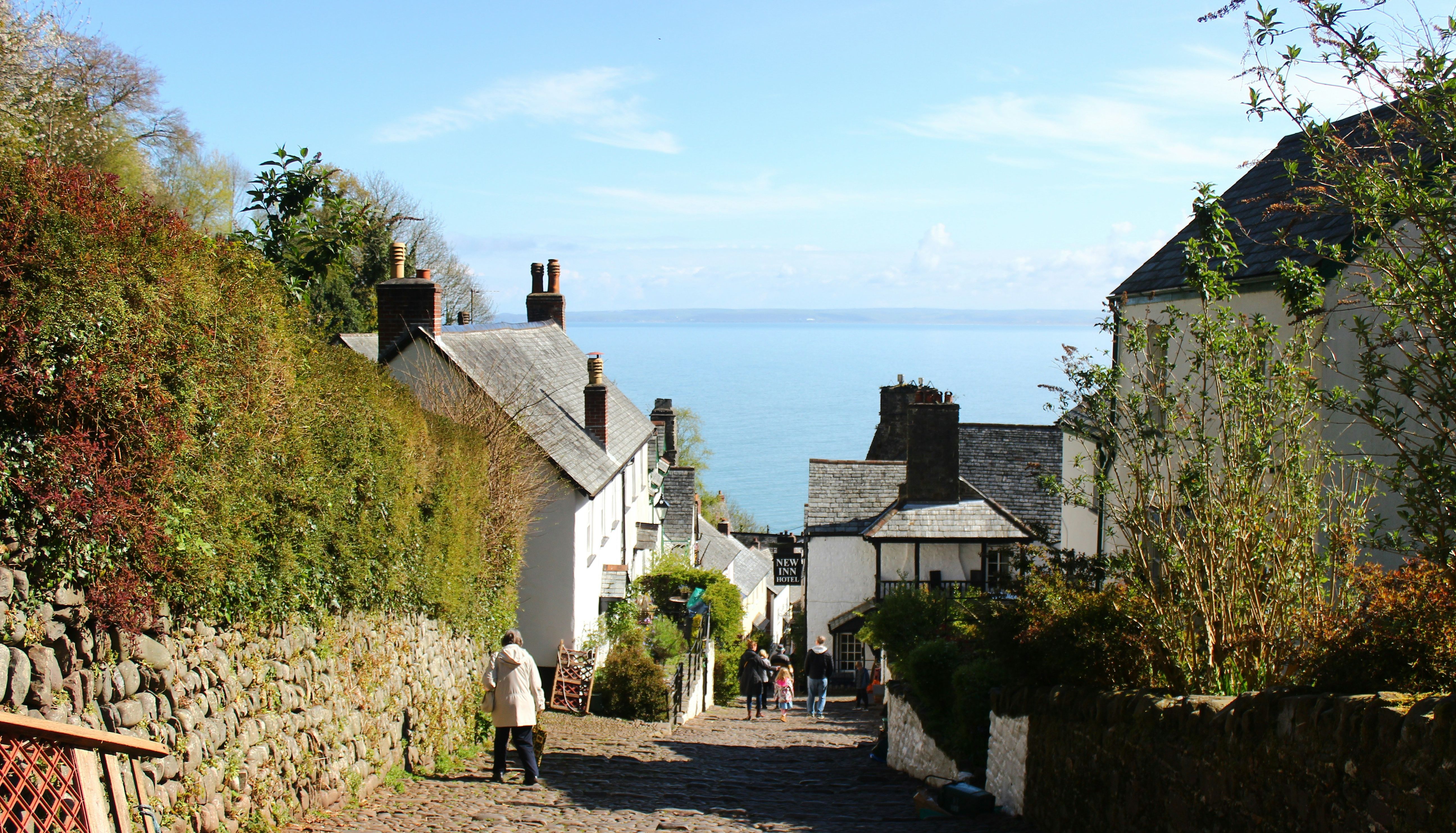 Picturesque cobblestone street in a coastal village with white cottages and greenery leading down to the sea.