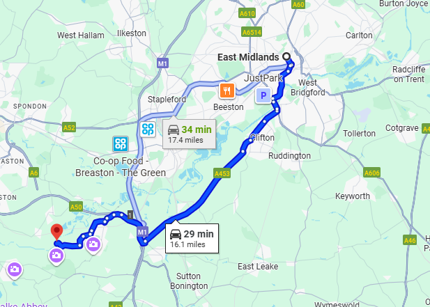 Google Maps screenshot showing routes from East Midlands to a destination southwest, with driving and transit options.