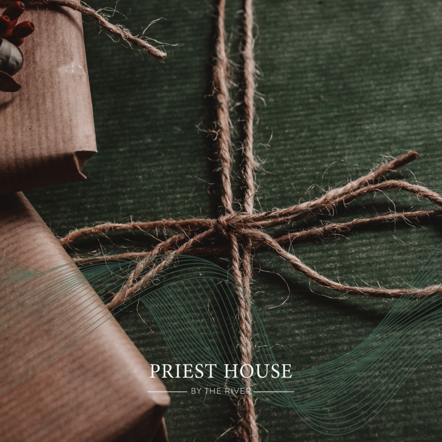 Rustic gift packages tied with twine on a green background, with 'Priest House by the River' text overlay.