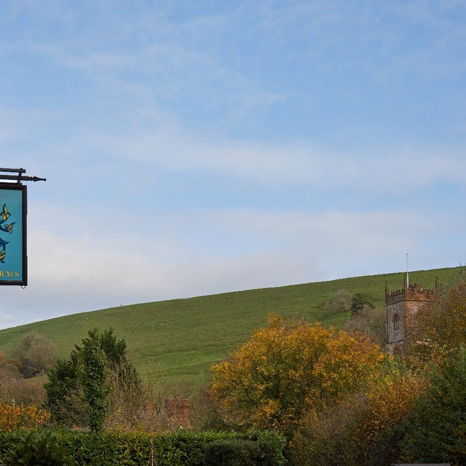 Pub sign for The Queen's Arms on a building with a countryside hill and distant church tower.