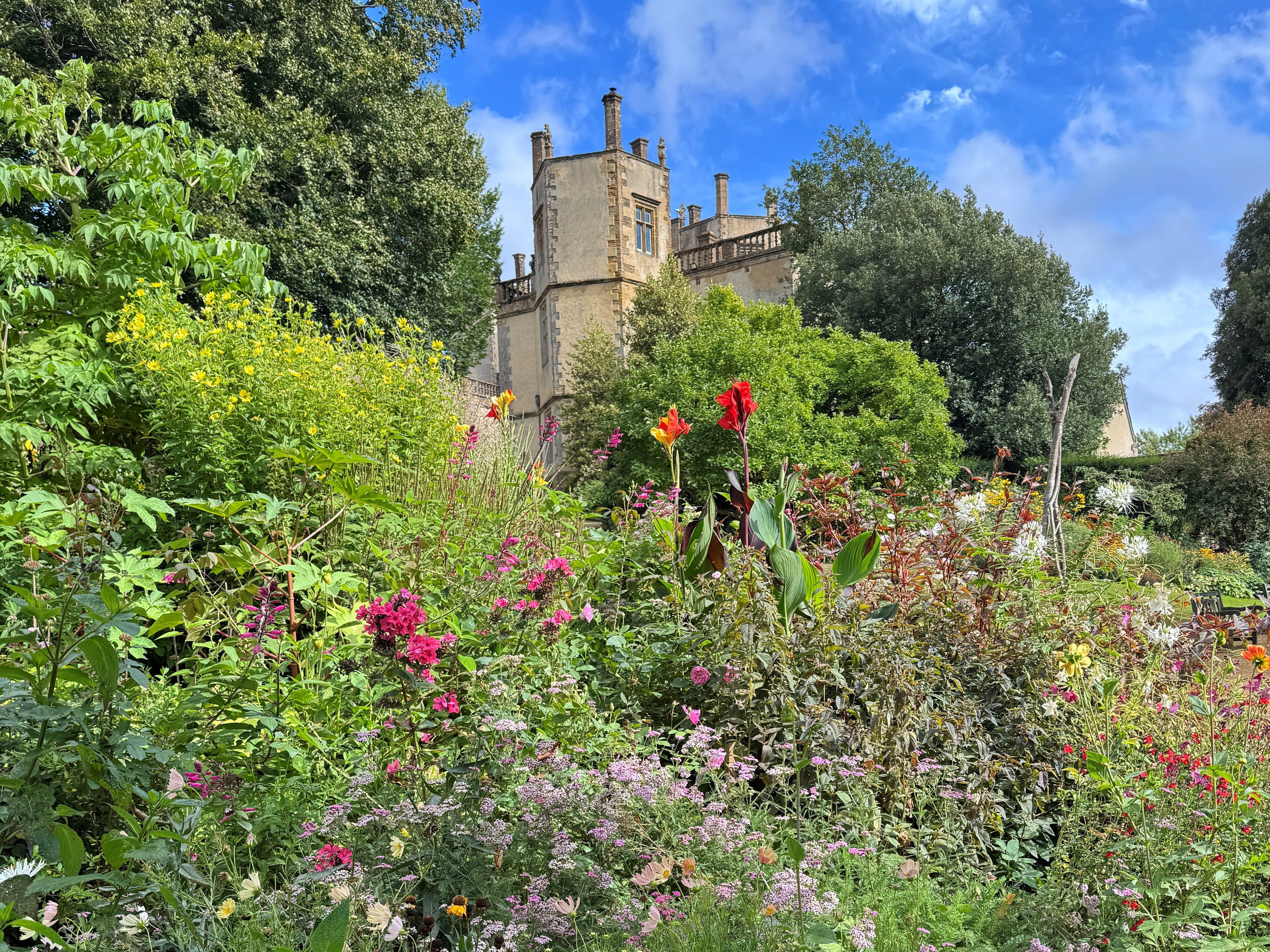 Sherborne Castle with a colorful garden in the foreground