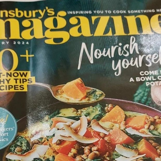 Cover of Sainsbury's magazine January 2024 featuring a dish with sweet potatoes and greens