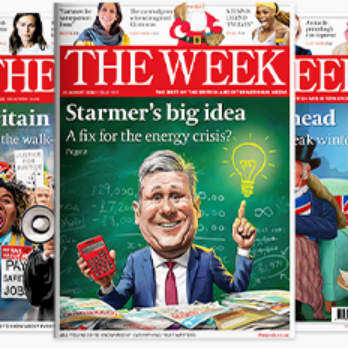 Covers of The Week magazine with a caricature of a man in a suit holding a lightbulb and a red plug, with the headline 'Starmer's big idea: A fix for the energy crisis?'