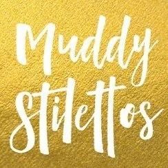 Muddy Stilettos text on a gold textured background