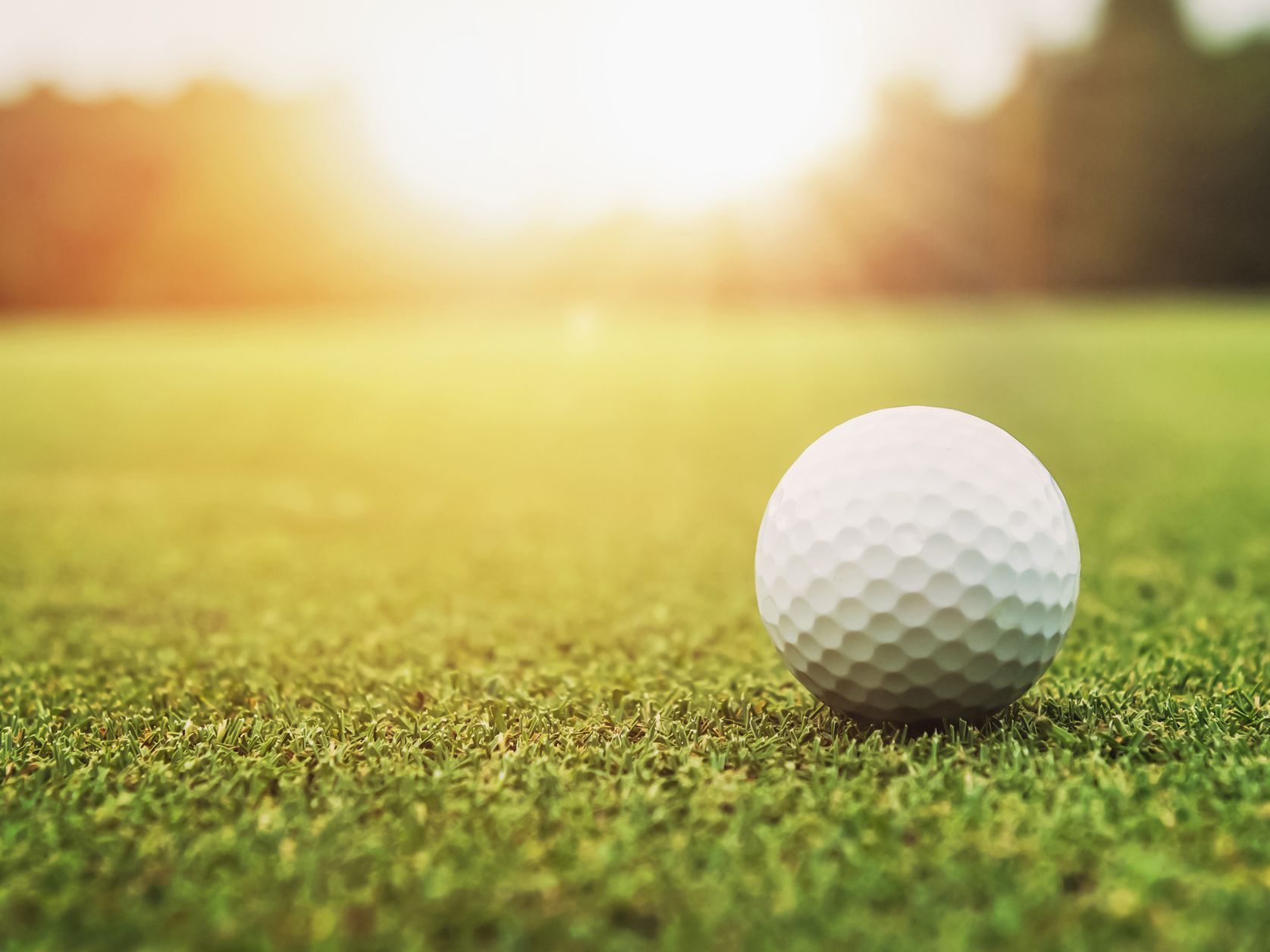 A close-up of a golf ball resting on a neatly trimmed green field, with soft sunlight glowing in the background, creating a warm and peaceful atmosphere.