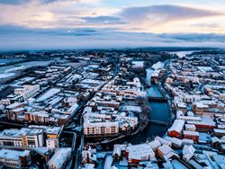 An aerial photo of Sligo covered in a soft blanket of snow.