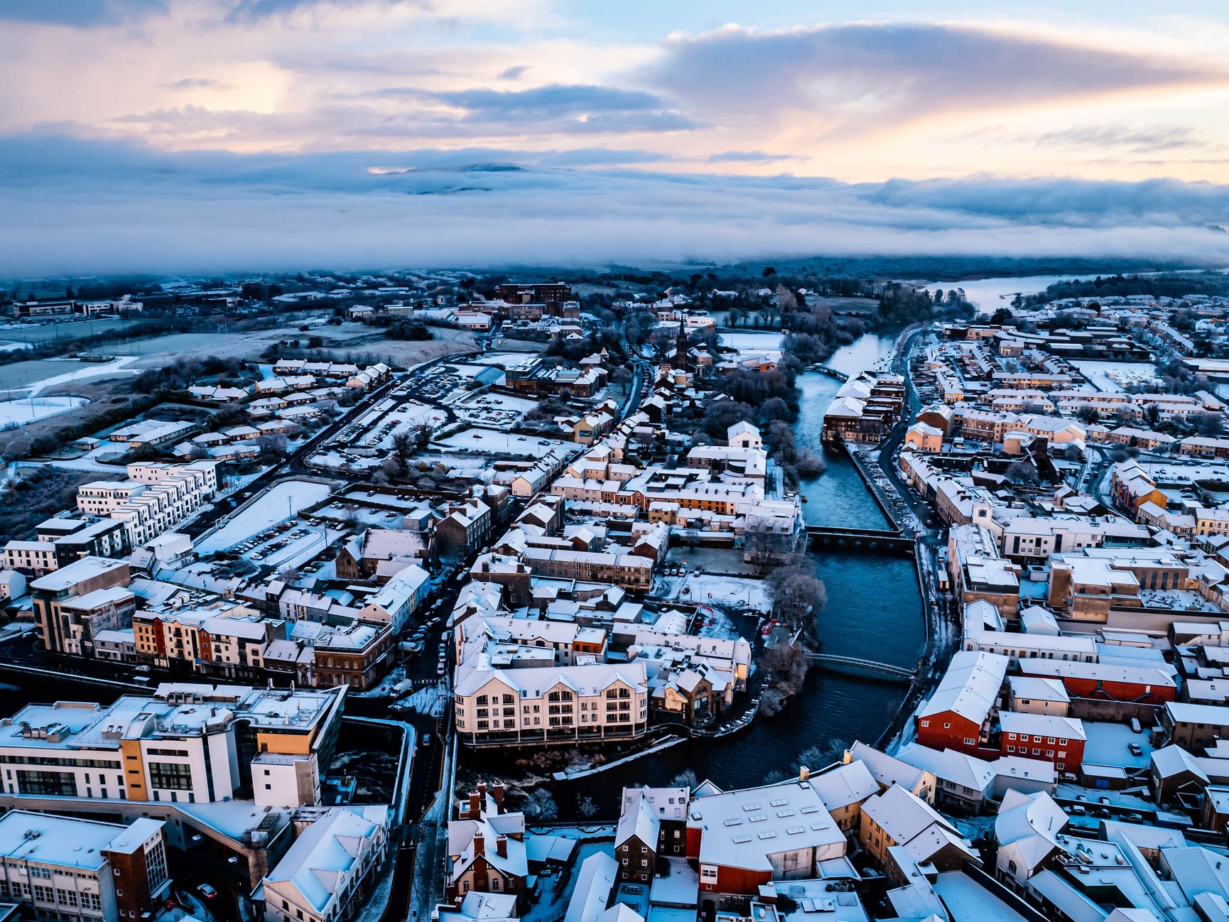 An aerial photo of Sligo covered in a soft blanket of snow.