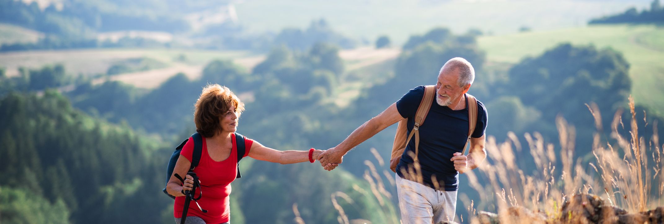 An active senior couple hiking in a scenic countryside, with the man helping the woman up a rocky hill. Rolling green hills and a soft, sunny backdrop enhance the view.