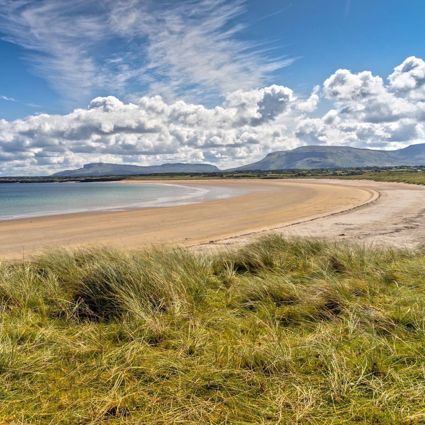 A picturesque beach with golden sands and calm, clear waters. Grassy dunes in the foreground lead to a wide, sweeping bay under a sky filled with fluffy white clouds.