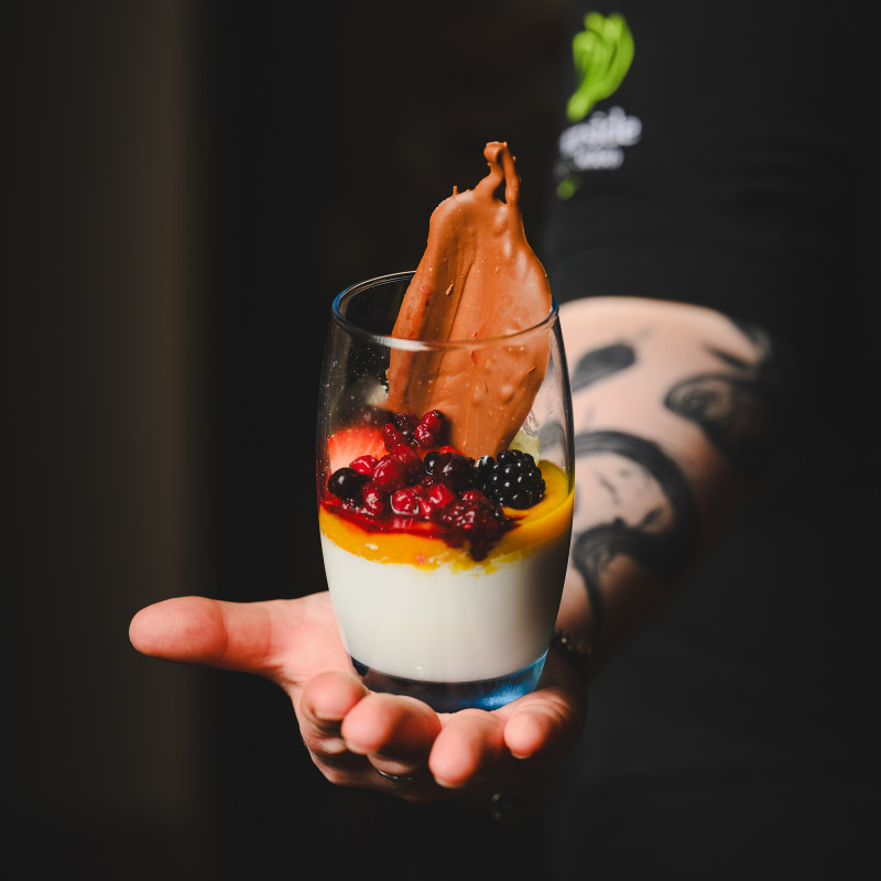 Dessert with berries and chocolate