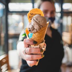 Person holding chocolate ice cream in cone