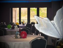 A decorated event room with round tables, colorful balloons, and bottles on each table. A large illuminated fairy wing decoration is visible in the foreground near the tables.