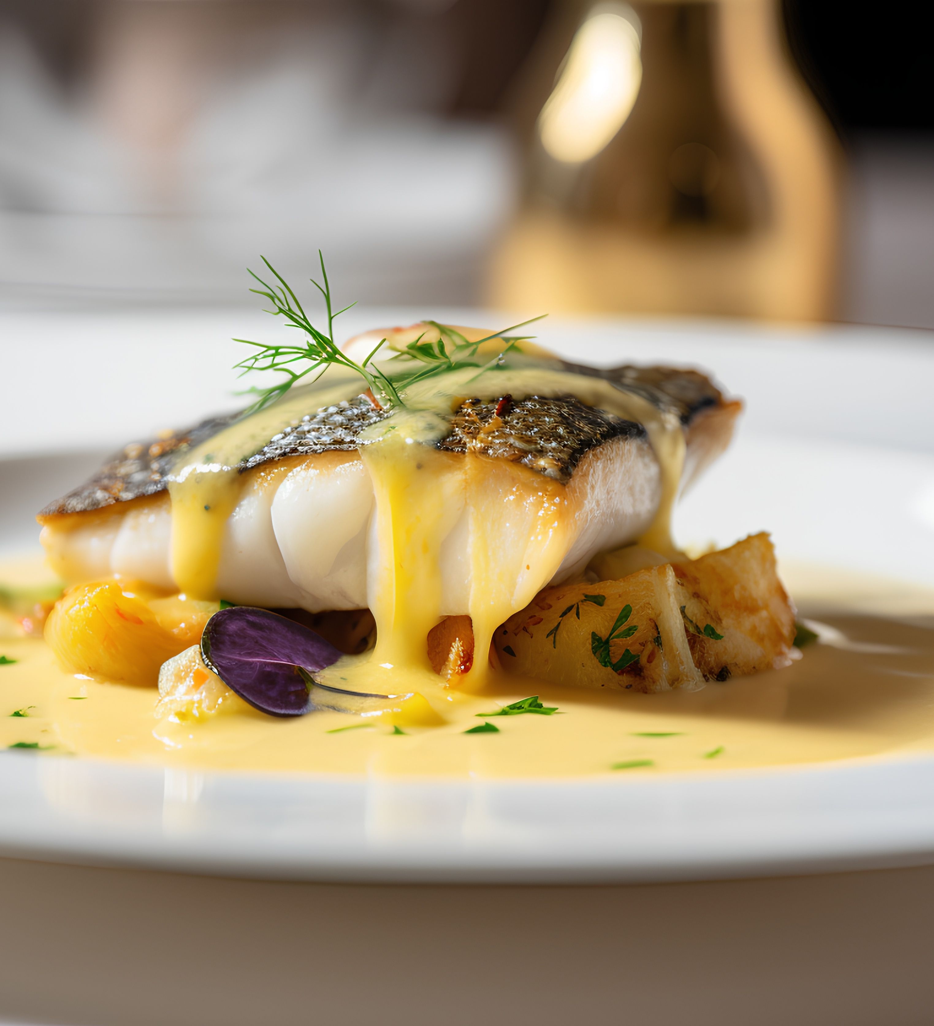 Sea bass on a bed of vegetables with creamy sauce