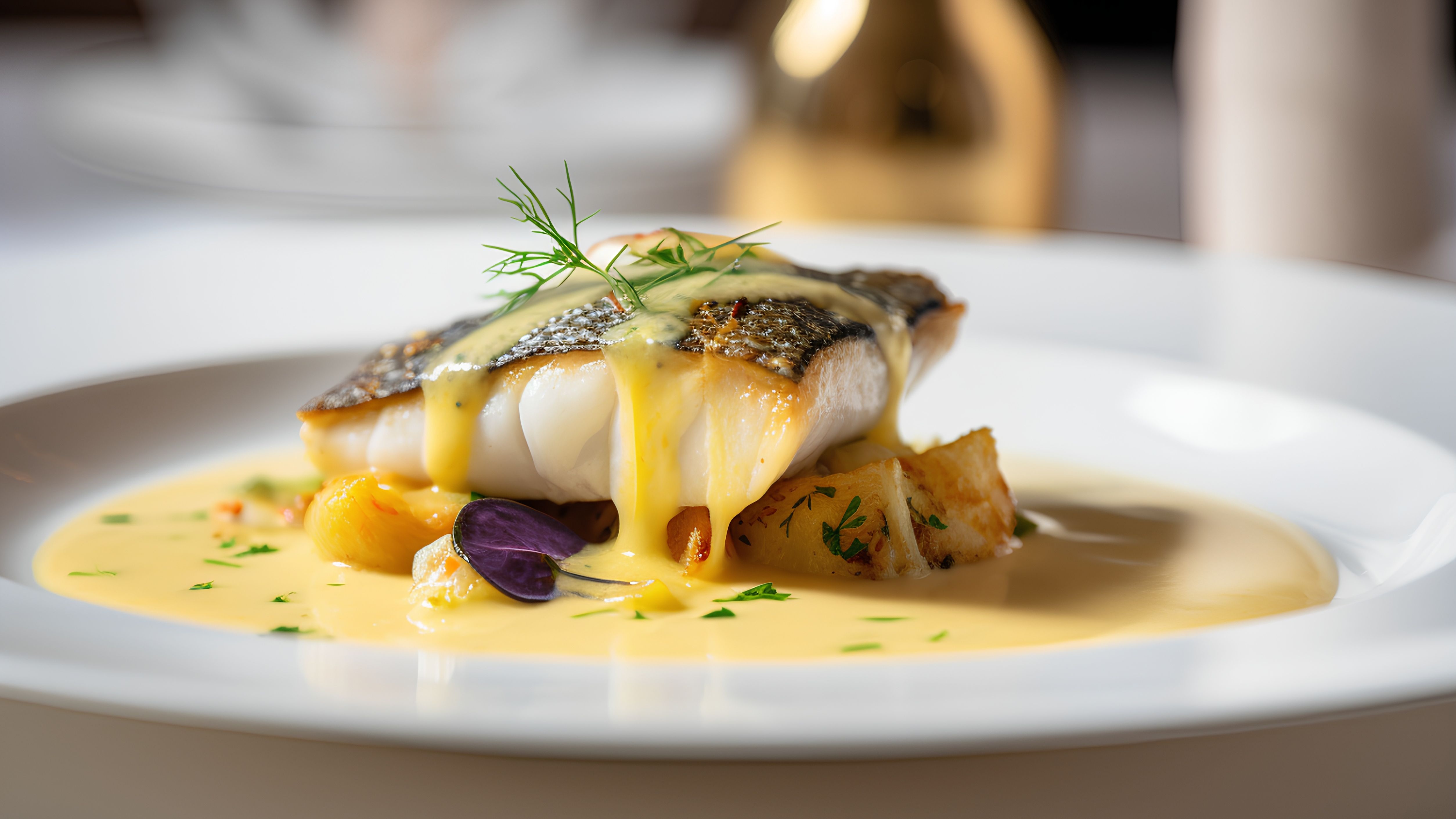 Sea bass on a bed of vegetables with creamy sauce