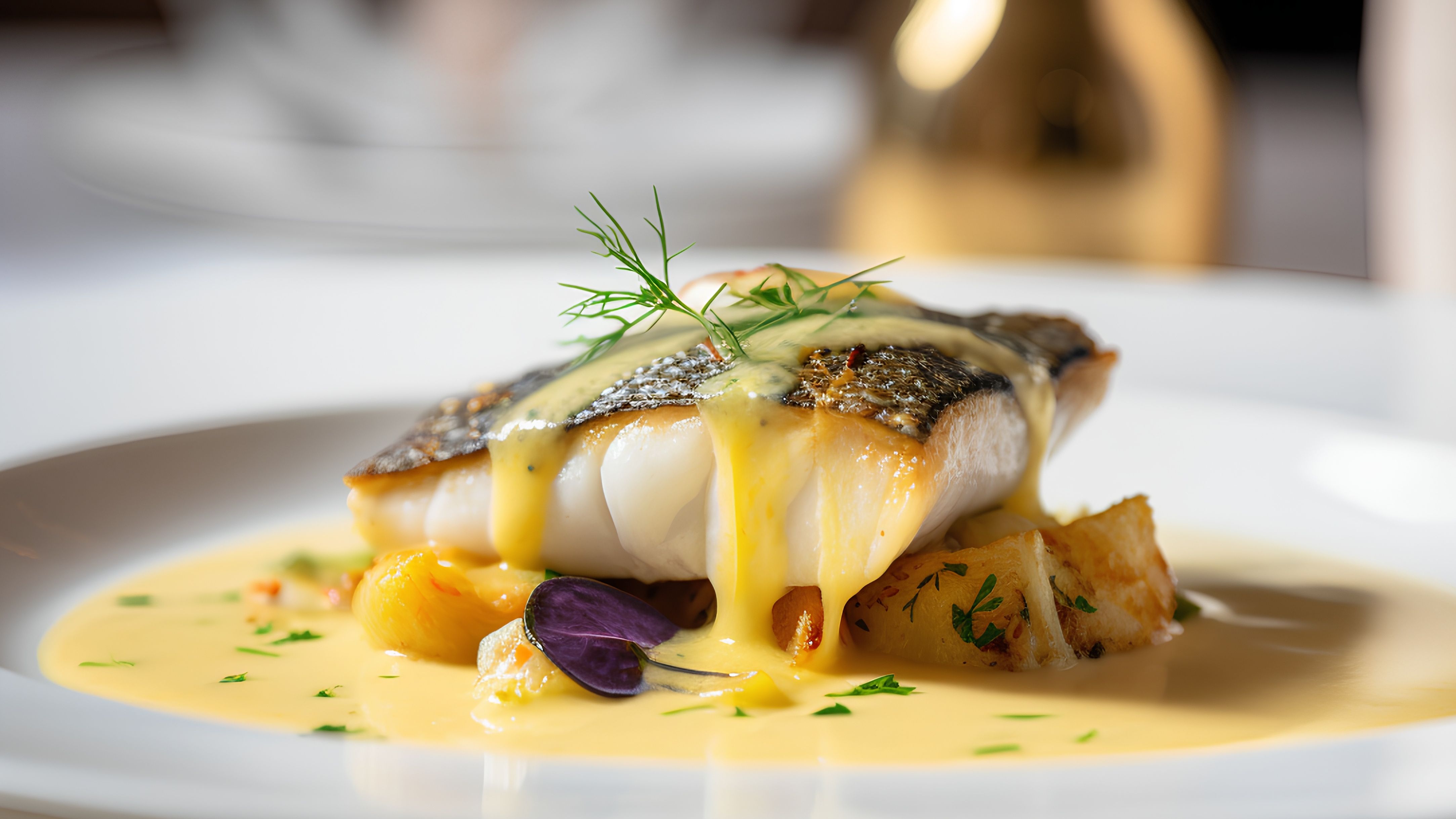 Sea bass on a bed of vegetables with creamy sauce