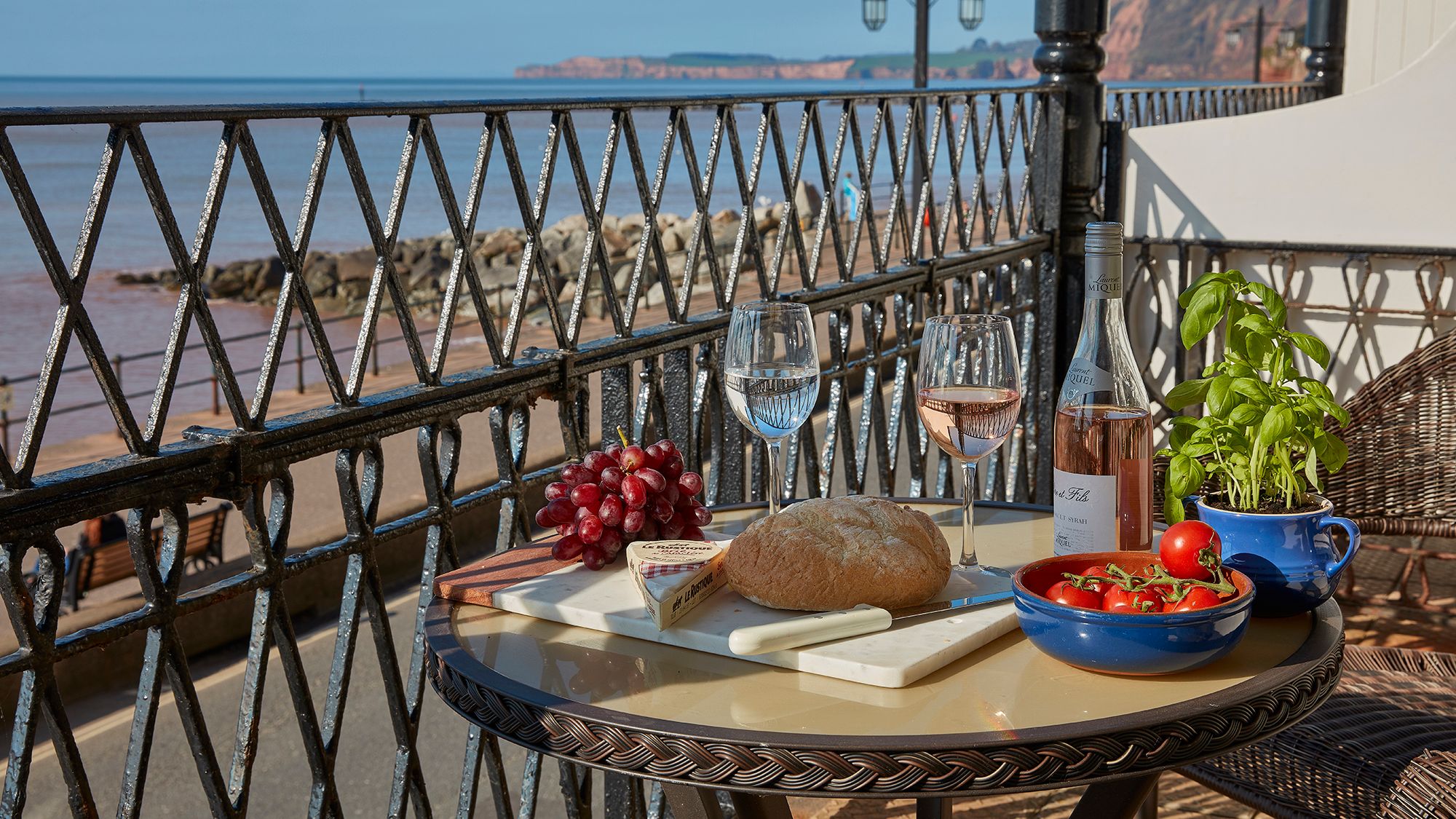 Table with balcony view and wine
