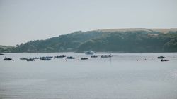 Boats anchored on a calm body of water with hills and trees in the background