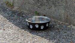 A black pet bowl with white paw prints filled with water on a gravel surface near a concrete wall