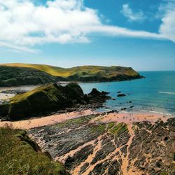 Coastal landscape with sandy beach, rocky formations, and grassy cliffs under a blue sky.