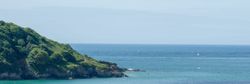 Coastal landscape with green cliffs and the ocean under a clear sky