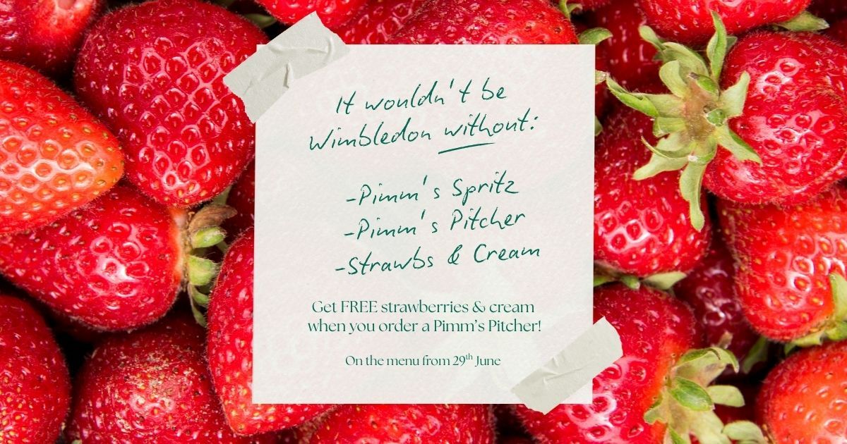 Wimbledon Offer promotional image with strawberries and cream offer on top of fresh strawberries background.