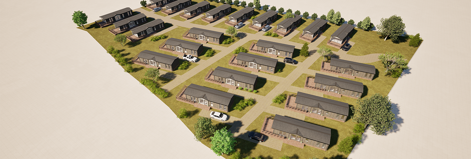 Aerial view of a planned residential development with multiple single-story homes, driveways, and green landscaping.