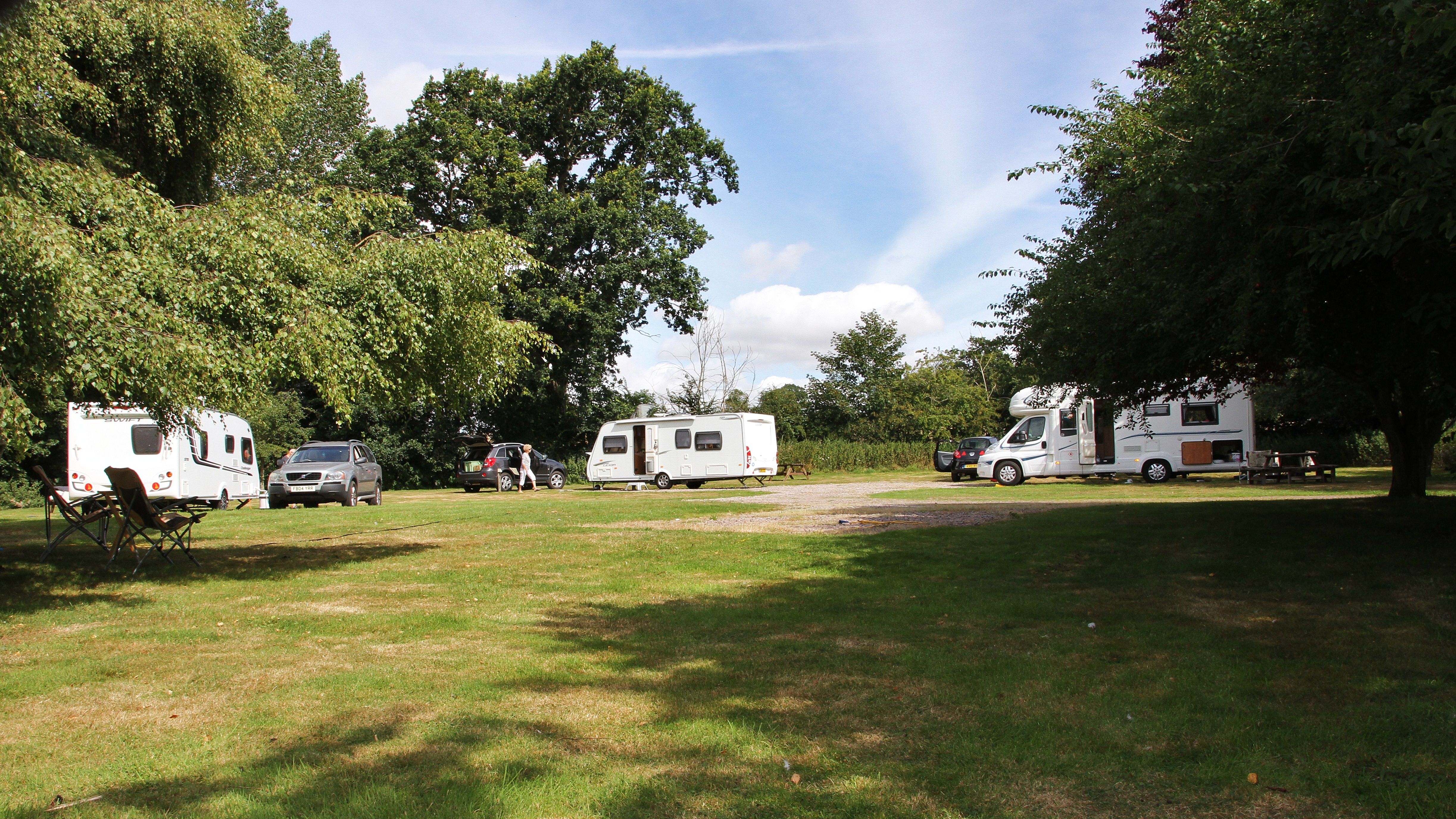Parked caravans and cars in a grassy area surrounded by trees under a blue sky.