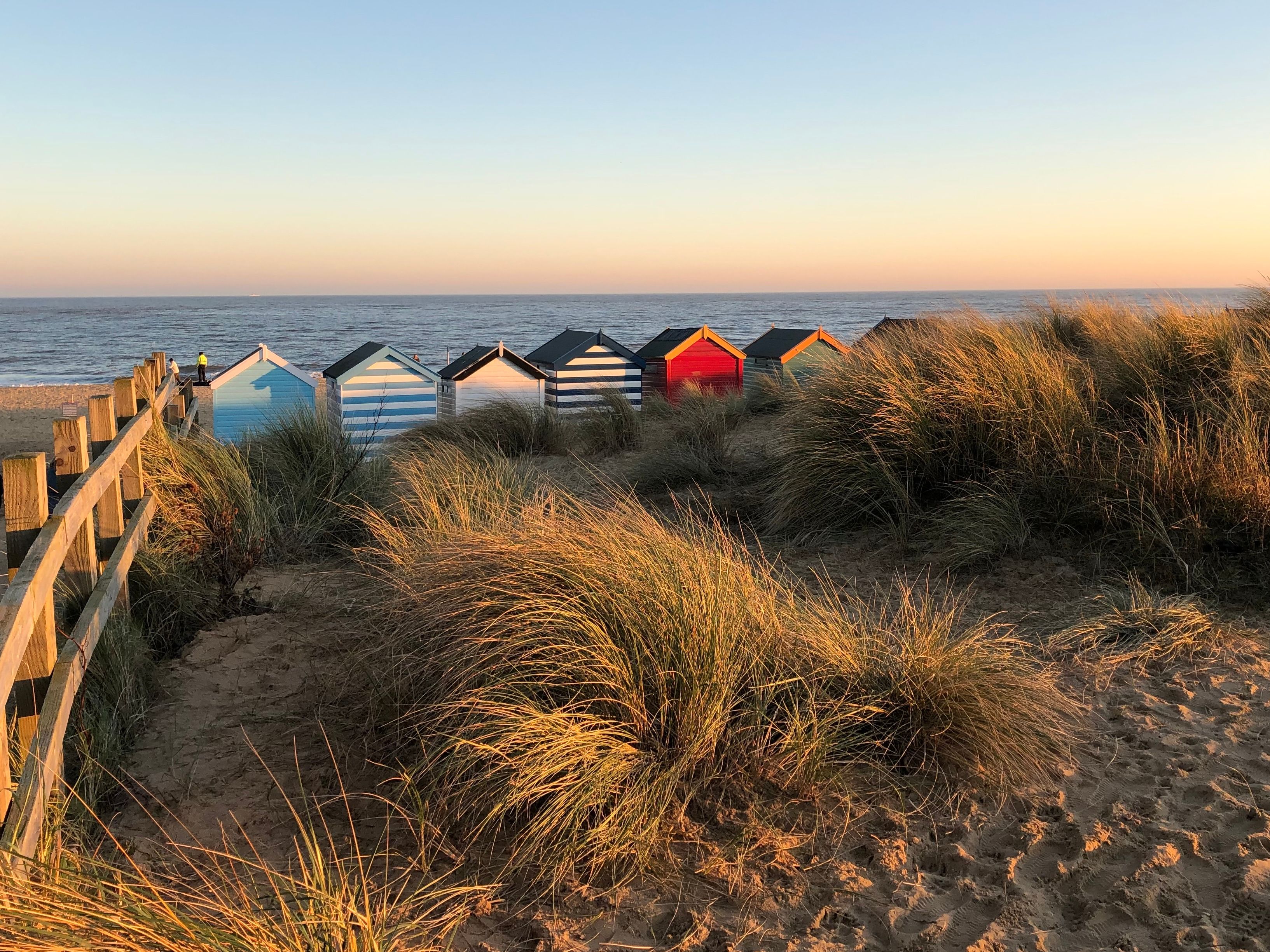 Colorful beach huts by the sea, viewed from sandy dunes with tall grass at sunset.