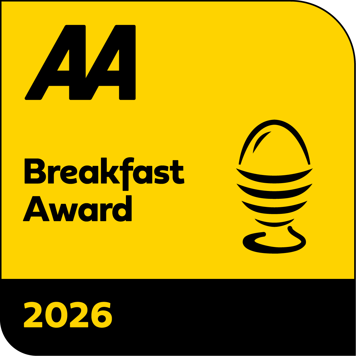 AA Breakfast Award 2026 logo with an egg in an egg cup on a yellow and black background.