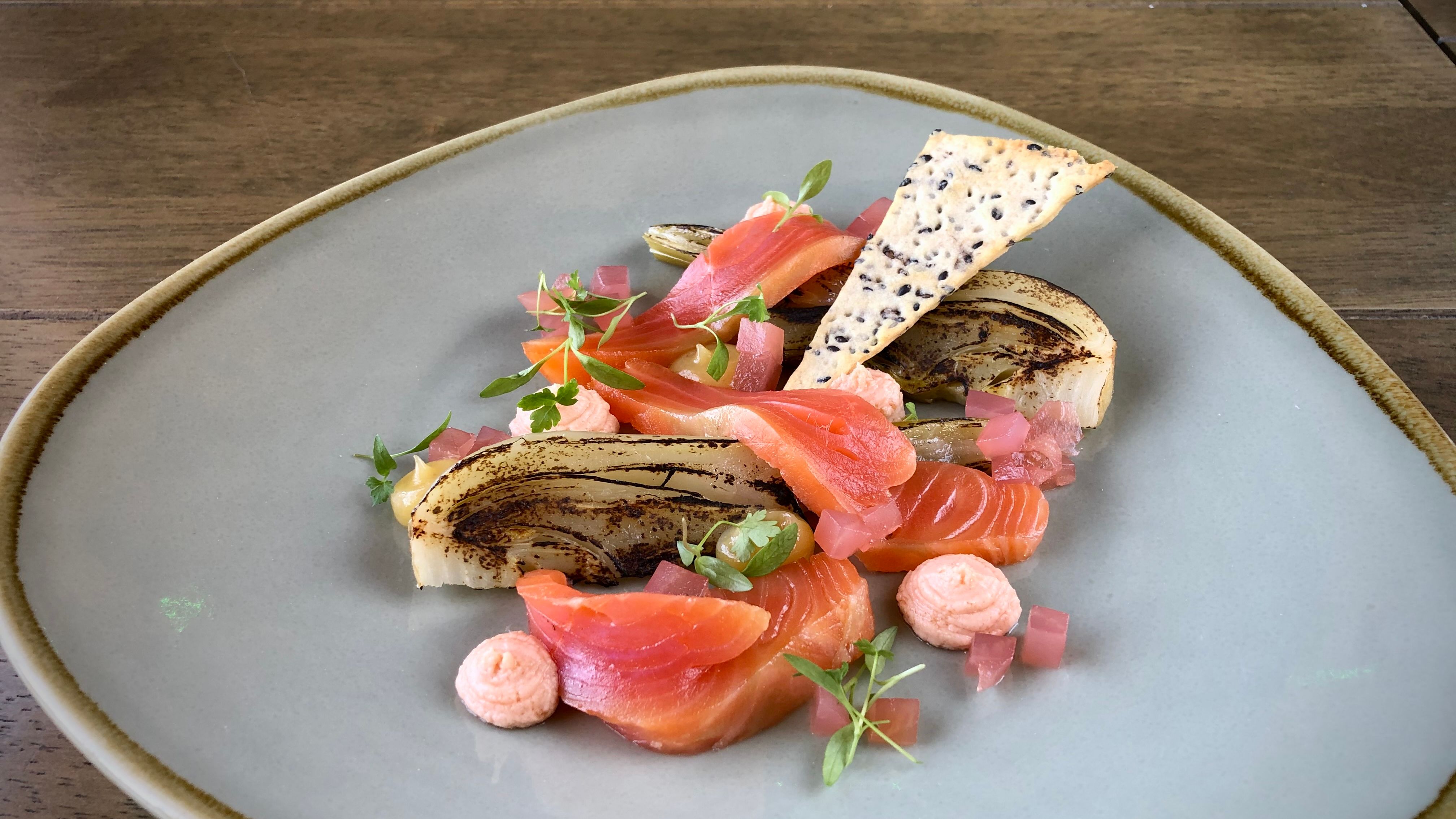 Gourmet plated dish with slices of cured salmon, grilled endive, pink garnish, microgreens, and a crisp cracker on a light grey plate.
