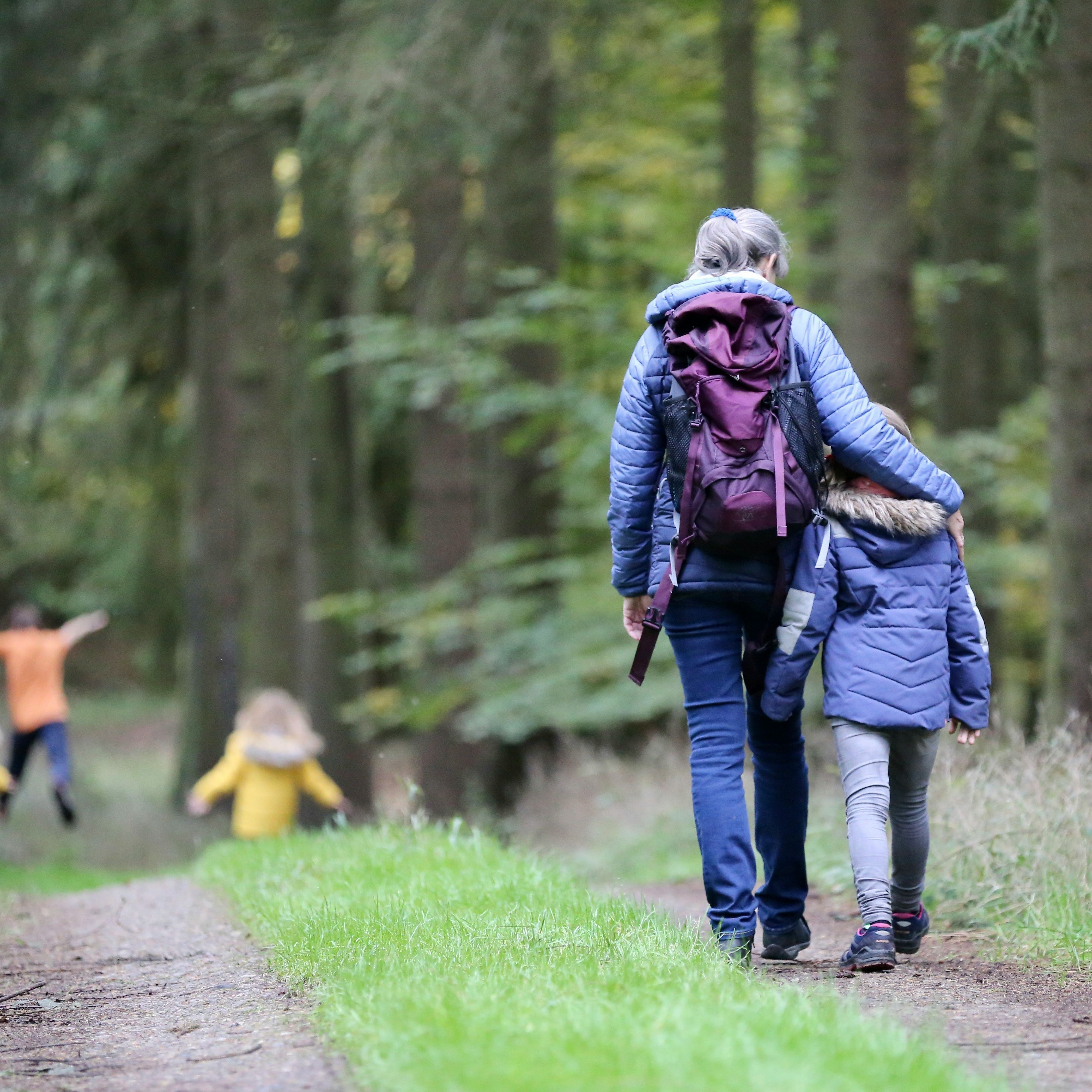 Adult and child walking together on a forest path, with other children playing ahead