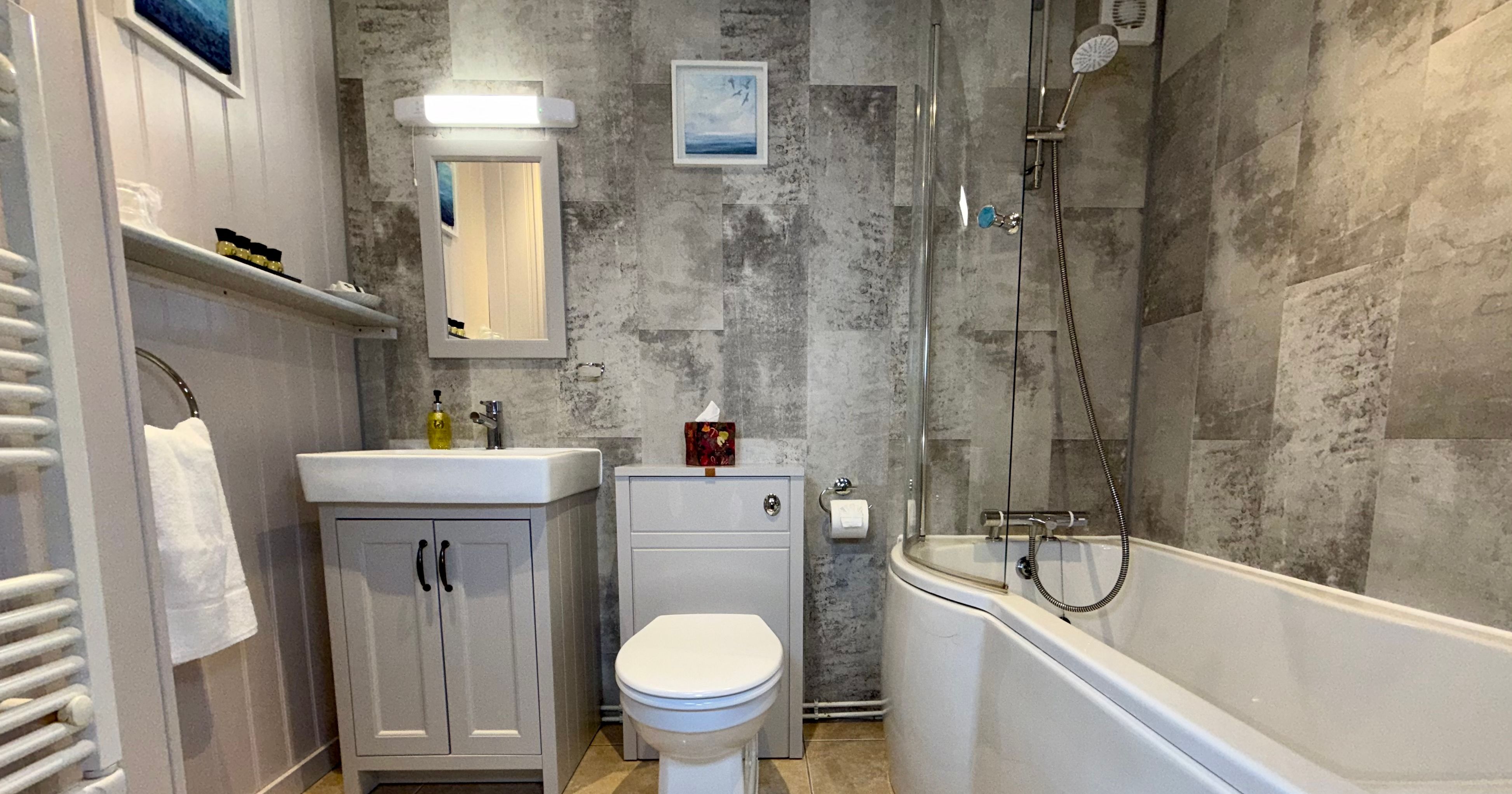 Modern bathroom with a bathtub, shower, toilet, and sink
