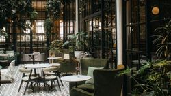 A stylish indoor cafe with patterned tile flooring, large windows, green armchairs, small round tables, and abundant hanging and potted plants under a glass roof.