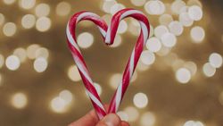 Hand holding two candy canes shaped into a heart with festive lights in the background