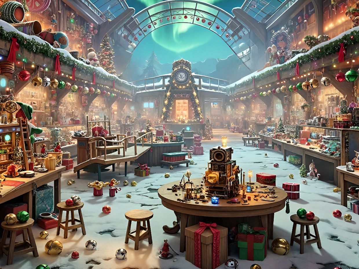 Festive Christmas workshop with toys, gifts, and decorations under northern lights.