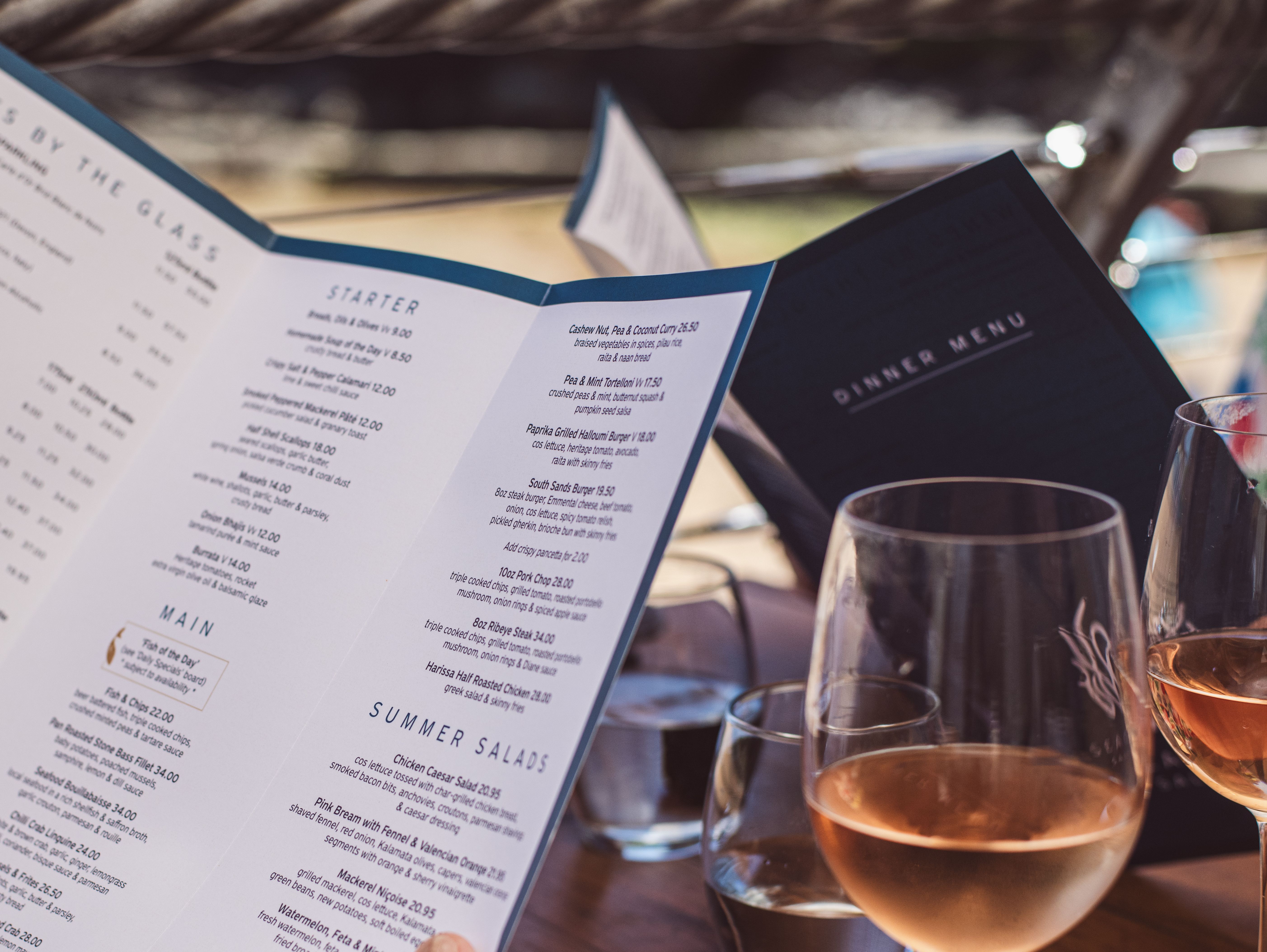 Open dinner menu on a restaurant table with wine glasses and a water glass
