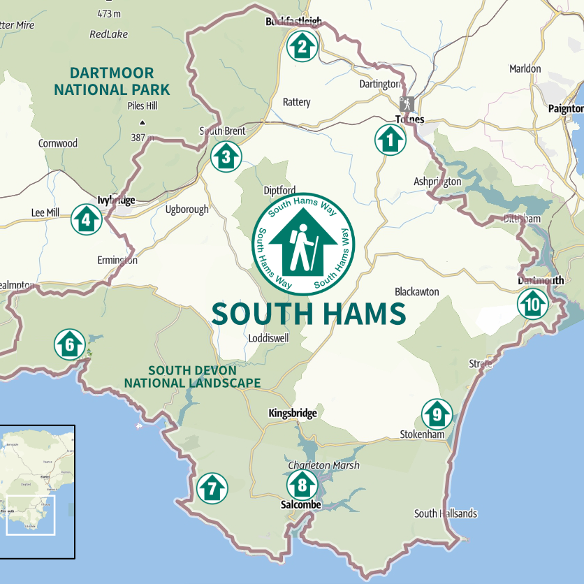 Map of South Hams Way walking route through Devon, showing waypoints and landscape features.