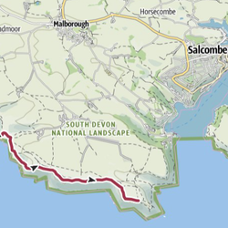 Map showing a coastal walking route from Hope to Salcombe through South Devon National Landscape with key checkpoints marked.